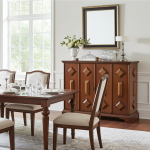Credenzina in legno massello color noce con formelle decorative