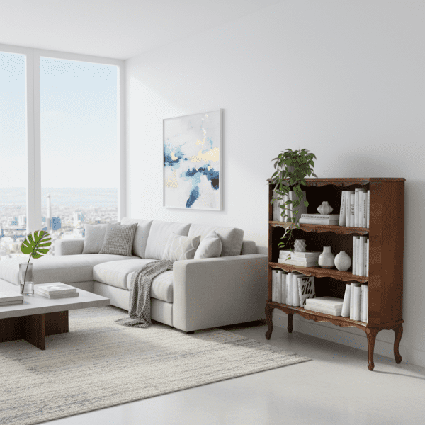 Libreria Vintage Italiana in Legno di Noce con 3 Ripiani e Gambe Modanate