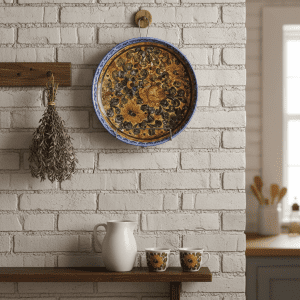 Piatto Vintage in Ceramica Italiana Dipinto a Mano con Motivi Floreali e Bordo Azzurro