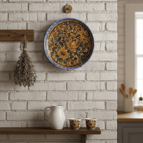 Piatto Vintage in Ceramica Italiana Dipinto a Mano con Motivi Floreali e Bordo Azzurro