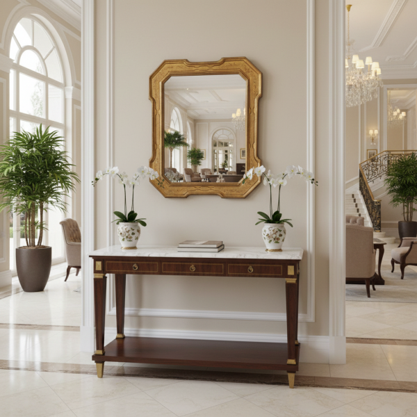 Specchio con cornice in legno intagliata e decorata in foglia oro