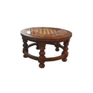 Tavolino rotondo in legno con scacchiera in pietra dura